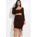 Solid Long Sleeve Ruched Short Dress With O Ring