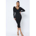 Long Sleeve Midi Dress With Low V Neck Front And Back With Ruching On Sides And Chest