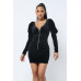 Soft Velvet Pleated Puff Sleeve Low V Neck Front And Back Mini Dress