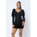 Soft Velvet Pleated Puff Sleeve Low V Neck Front And Back Mini Dress