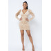 Soft Velvet Pleated Puff Sleeve Low V Neck Front And Back Mini Dress