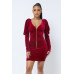 Soft Velvet Pleated Puff Sleeve Low V Neck Front And Back Mini Dress