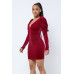 Soft Velvet Pleated Puff Sleeve Low V Neck Front And Back Mini Dress
