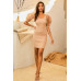 V Neck Contrast Flower Lace Bubble Sleeve Midi Bodycon Dress