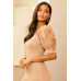 V Neck Contrast Flower Lace Bubble Sleeve Midi Bodycon Dress