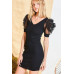 V Neck Contrast Flower Lace Bubble Sleeve Midi Bodycon Dress