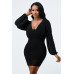 Lux Mesh Layered Lining V Neck Bubble Slv Bodycon Dress