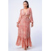 Printed V Neck Self Belted Side Cut Out Ruffled Maxi Dress