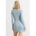 Blue Flannel Zip-up Mock Neck Mini Dress