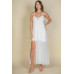 Plunge Neck Split Thigh Mesh Maxi Dress