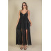 Plunge Neck Split Thigh Mesh Maxi Dress