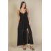 Plunge Neck Split Thigh Mesh Maxi Dress