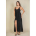 Plunge Neck Split Thigh Mesh Maxi Dress