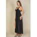 Plunge Neck Split Thigh Mesh Maxi Dress