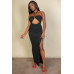 Ribbed Cut Out Front Side Slit Maxi Dress
