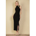 Ribbed Mock Neck Side Slit Sleeveless Bodycon Maxi Dress