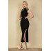 Ribbed Mock Neck Side Slit Sleeveless Bodycon Maxi Dress