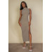 Ribbed Mock Neck Side Slit Sleeveless Bodycon Maxi Dress