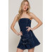 Strapless Stretch Denim Mini Pleats Dress