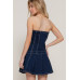 Strapless Stretch Denim Mini Pleats Dress