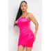 Overlapping Hem Shirred Satin Dress