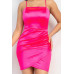 Overlapping Hem Shirred Satin Dress