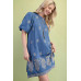 Paisley Embroidered Round Neck Mini Dress With Short Puff Sleeves