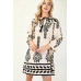 Printed 3/4 Sleeve Dress With Tassel Tie And Fringe Detail On Hem