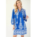 Printed 3/4 Sleeve Dress With Tassel Tie And Fringe Detail On Hem
