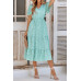 V Neck Ruffles Tiered Sleeve Smocked Midi Dress
