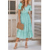 V Neck Ruffles Tiered Sleeve Smocked Midi Dress