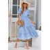 V Neck Ruffles Tiered Sleeve Smocked Midi Dress