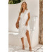 V Neck Short Sleeve Solid Ruffle A Line Midi Dress