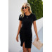Solid Round Neck Ruched Split Hem Dress