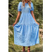 Pleated Tiered Solid Short Puff Sleeve A Line Dres