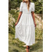 Pleated Tiered Solid Short Puff Sleeve A Line Dres