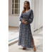 Floral V Neck Long Sleeve Full Dress