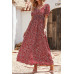 Allover Print Puff Sleeve Ruched Shirred Dress