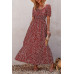 Allover Print Puff Sleeve Ruched Shirred Dress