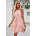 Solid Halter Neck Sleeveless Waist Tie Ruffle Dres
