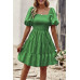 Square Neck Ruched Balloon Sleeve Smocked Midi Dress