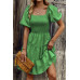 Square Neck Ruched Balloon Sleeve Smocked Midi Dress