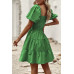 Square Neck Ruched Balloon Sleeve Smocked Midi Dress