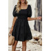Square Neck Ruched Balloon Sleeve Smocked Midi Dress