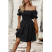 Square Neck Ruched Balloon Sleeve Smocked Midi Dress