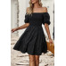 Square Neck Ruched Balloon Sleeve Smocked Midi Dress