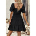 Square Neck Ruched Balloon Sleeve Smocked Midi Dress