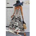 Animal Print Halter Deep V Ruffle Maxi Dress