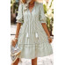 Strip V Neck Button Puff Sleeves High Waist Dress