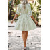 Strip V Neck Button Puff Sleeves High Waist Dress